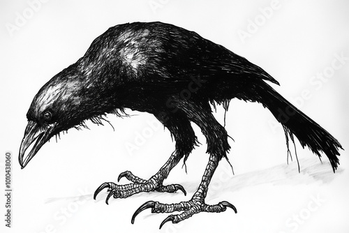 Black crow standing with sharp claws in detailed ink drawing photo