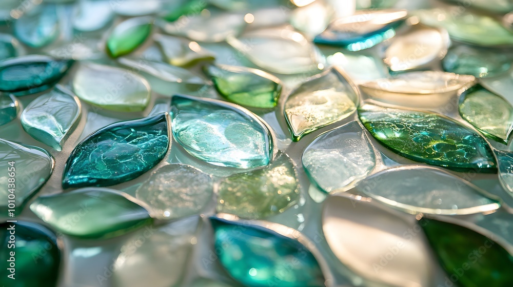 Mosaic wall art, sea glass shards forming organic leaf-like patterns floating on water, soft emerald and aqua tones reflecting natural serenity Mosaic wall art, sea glass shards forming organic leaf-like patterns floating on water, soft emerald and aqua tones reflecting natural serenity
