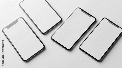 Four stylish smartphones with blank screens arranged on a white background for showcasing app designs.