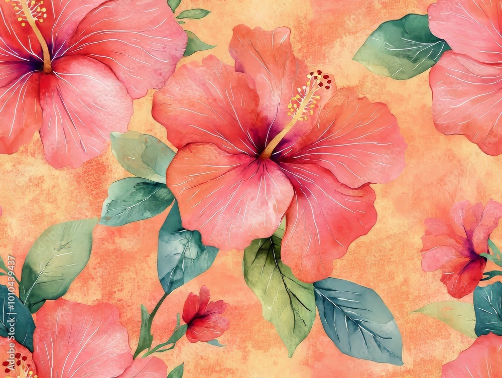 Seamless pattern of a beautiful hibiscus flowers in vibrant colors against a soft textured background. Seamless pattern of a beautiful hibiscus flowers in vibrant colors against a soft textured background.