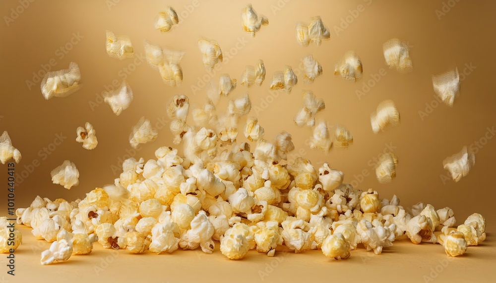 Warm beige background with popcorn falling from the top, creating a scattered effect. Warm beige background with popcorn falling from the top, creating a scattered effect.