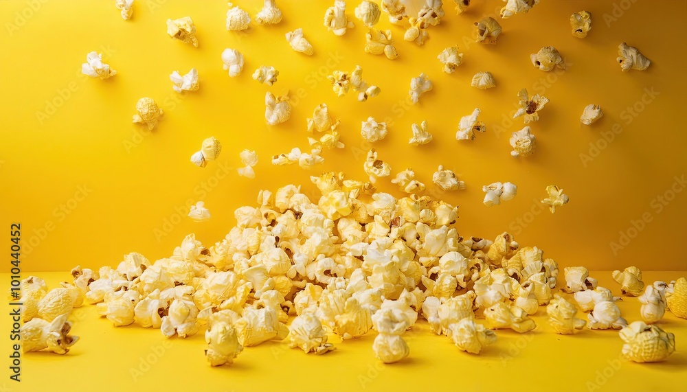 Fototapeta premium Yellow background with popcorn falling from the top, creating a scattered effect.