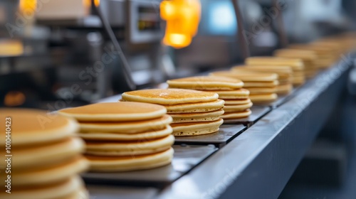 Stacks of freshly made pancakes on a conveyor belt in a commercial kitchen