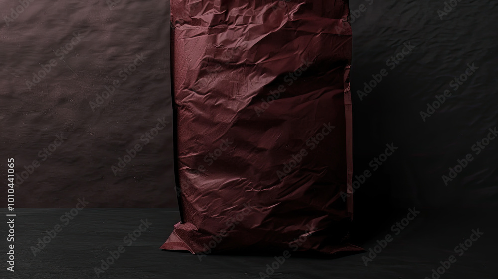 Large paper bag with a crumpled texture; maroon color highlighted by strong right-side lighting.
