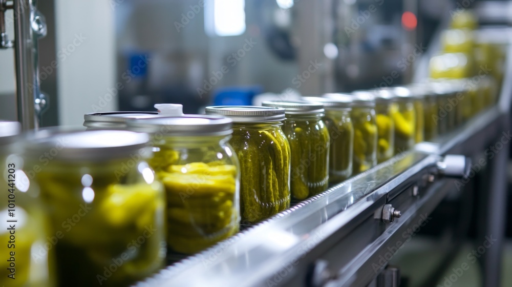 Jars of Pickled Cucumbers on a Conveyor Belt in a Food Processing Factory Jars of Pickled Cucumbers on a Conveyor Belt in a Food Processing Factory