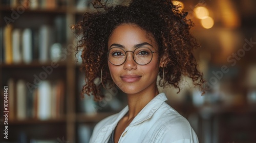 A young woman with curly hair and glasses smiling in a cozy, book-filled environment.