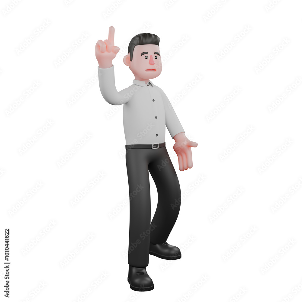 3D Professional Male in Businessman Role. A male businessman is standing with his left foot behind his right foot while his right hand is raised pointing upwards. Strategy 3D Professional Male in Businessman Role. A male businessman is standing with his left foot behind his right foot while his right hand is raised pointing upwards. Strategy