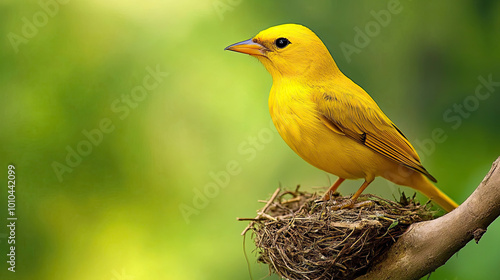 Vertical photo of exotic bird, Eastern golden weaver, Ploceus subaureus building its nest from grass fibers. Bright yellow bird is busy by weaving its nest, hanging on twig photo