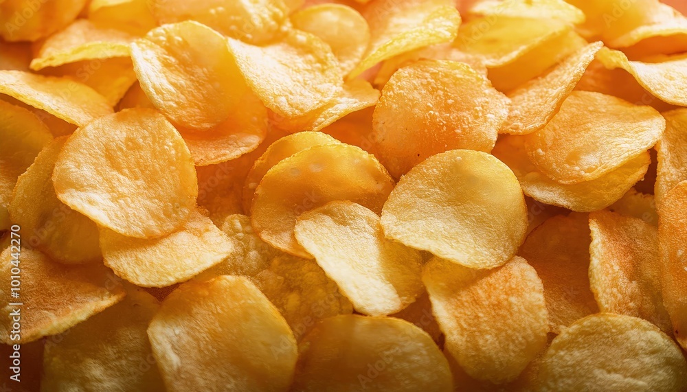 Thin potato chips background, creating a crispy and crunchy surface. Thin potato chips background, creating a crispy and crunchy surface.
