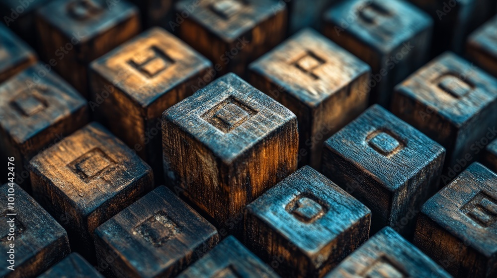 Close-up of wooden letter blocks arranged in a grid. Close-up of wooden letter blocks arranged in a grid.