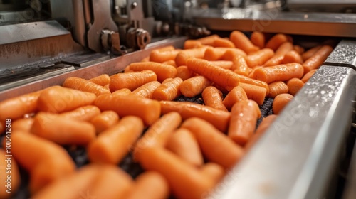 Close-up of Baby Carrots on a Conveyor Belt in a Food Processing Plant photo