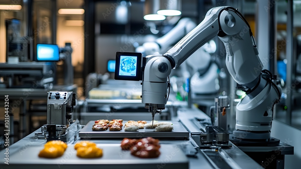 Cutting-edge food production facility with precise robotic arms inspecting each item, floating holographic displays indicating product quality scores Cutting-edge food production facility with precise robotic arms inspecting each item, floating holographic displays indicating product quality scores