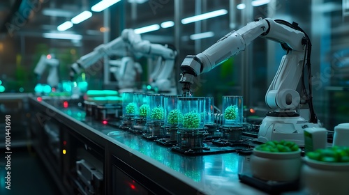 High-tech robots in a sleek, ultra-modern food factory, using holographic displays to analyze product quality, glowing blue and green holograms, futuristic, soft lighting