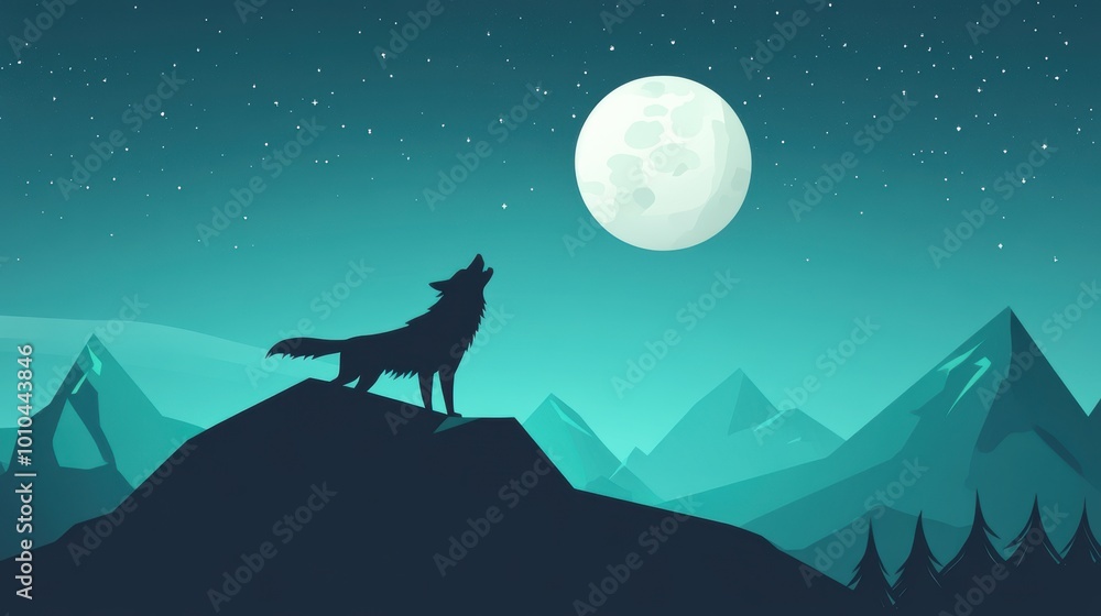 Fototapeta premium Wolf Howling at Full Moon Silhouette in Night Sky