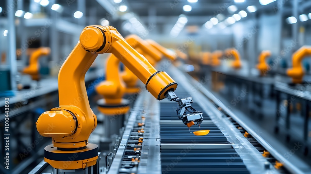 Advanced robotics in a high-speed food production line, laser sensors and drones ensuring product quality, spotless environment, efficient technology at work Advanced robotics in a high-speed food production line, laser sensors and drones ensuring product quality, spotless environment, efficient technology at work