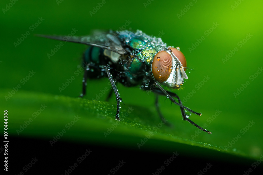 Naklejka premium Green bottle fly is covered in dew while perched on a leaf.