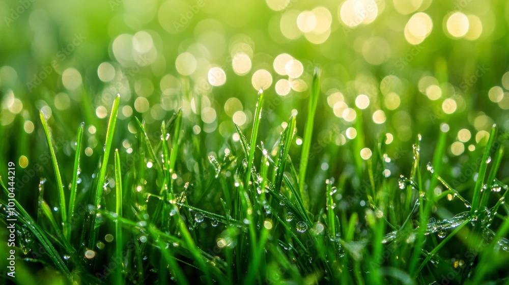Grass. Fresh green spring grass with dew drops closeup. Sun. Soft Focus. Abstract Nature Background