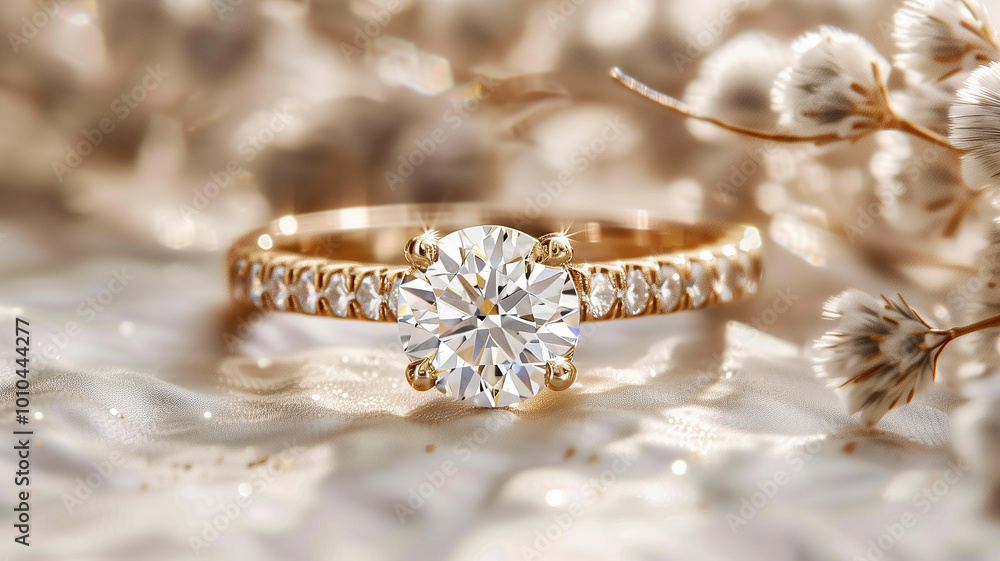 Yellow gold diamond ring. Bokeh on the background. Yellow gold diamond ring. Bokeh on the background.