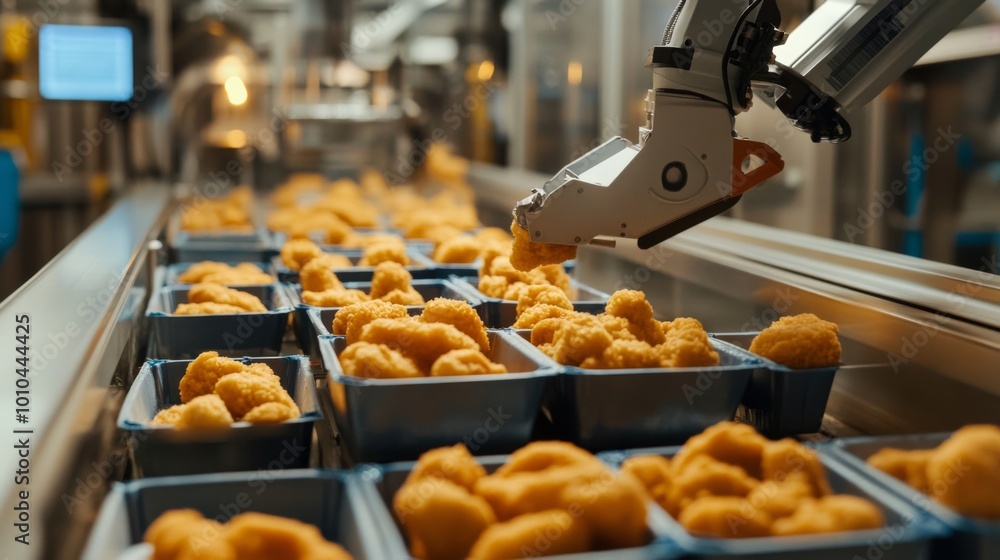 Robotic Arm Placing Fried Chicken Nuggets on a Conveyor Belt Robotic Arm Placing Fried Chicken Nuggets on a Conveyor Belt