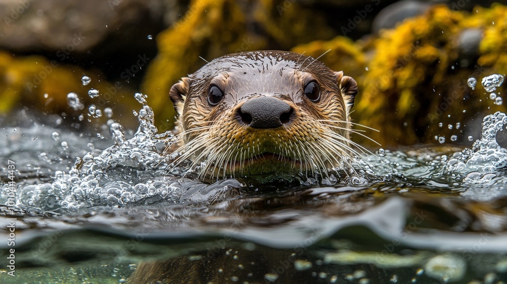 Playful Otter Emerges from Water with Bubbles Playful Otter Emerges from Water with Bubbles
