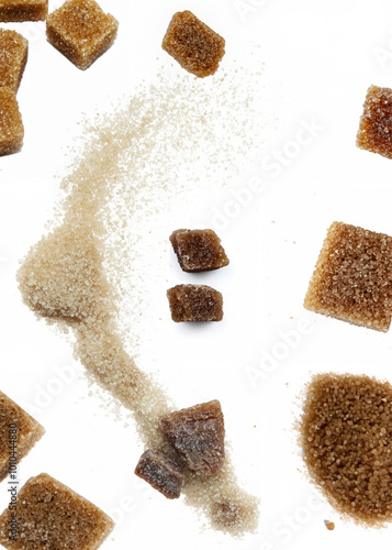 Scattered brown sugar granules in a curved motion on a white background, perfect for food, baking, or ingredient concepts.