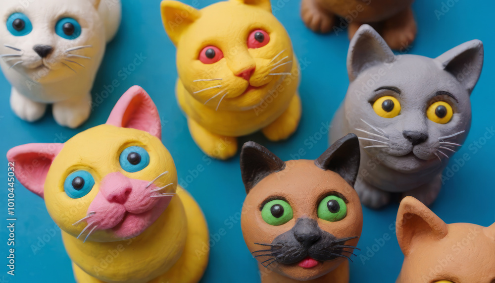 Obraz premium Several domestic cats pose for the camera while out for a walk. Clay figurines.