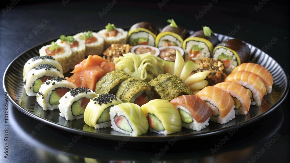 A platter of assorted sushi rolls, including salmon, avocado, cucumber, and other ingredients, on a black plate. A platter of assorted sushi rolls, including salmon, avocado, cucumber, and other ingredients, on a black plate.