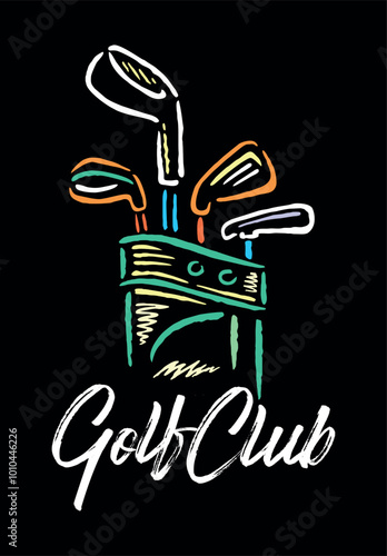 Illustration of a bag and golf clubs in stylized and simple lines.