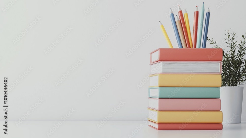 Fototapeta premium Colorful Books and Pencils on White Desk with Copy Space