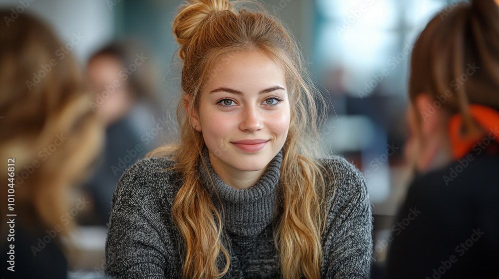 Smiling young woman with blonde hair in gray sweater, indoor portrait Smiling young woman with blonde hair in gray sweater, indoor portrait