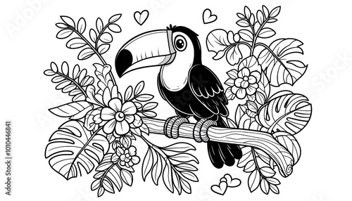 Colouring Page Black Ink drawing on a white page of a cute toucan on a tree branch.