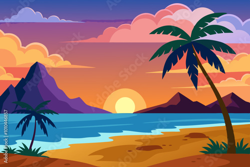 Pacific sunrise in Sea beach vector art illustration