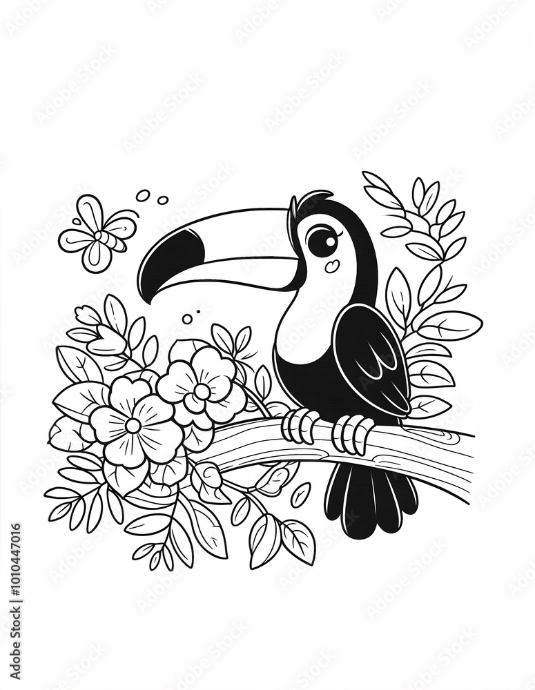 Obraz premium Colouring Page Black Ink drawing on a white page of a cute toucan on a tree branch.