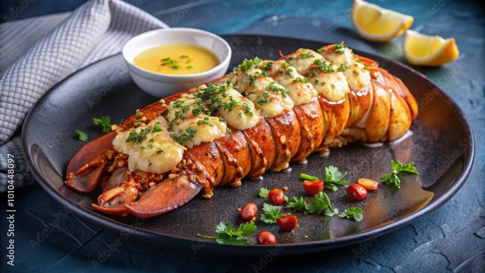 Grilled lobster tail with lemon and sauce on a black plate. Grilled lobster tail with lemon and sauce on a black plate.