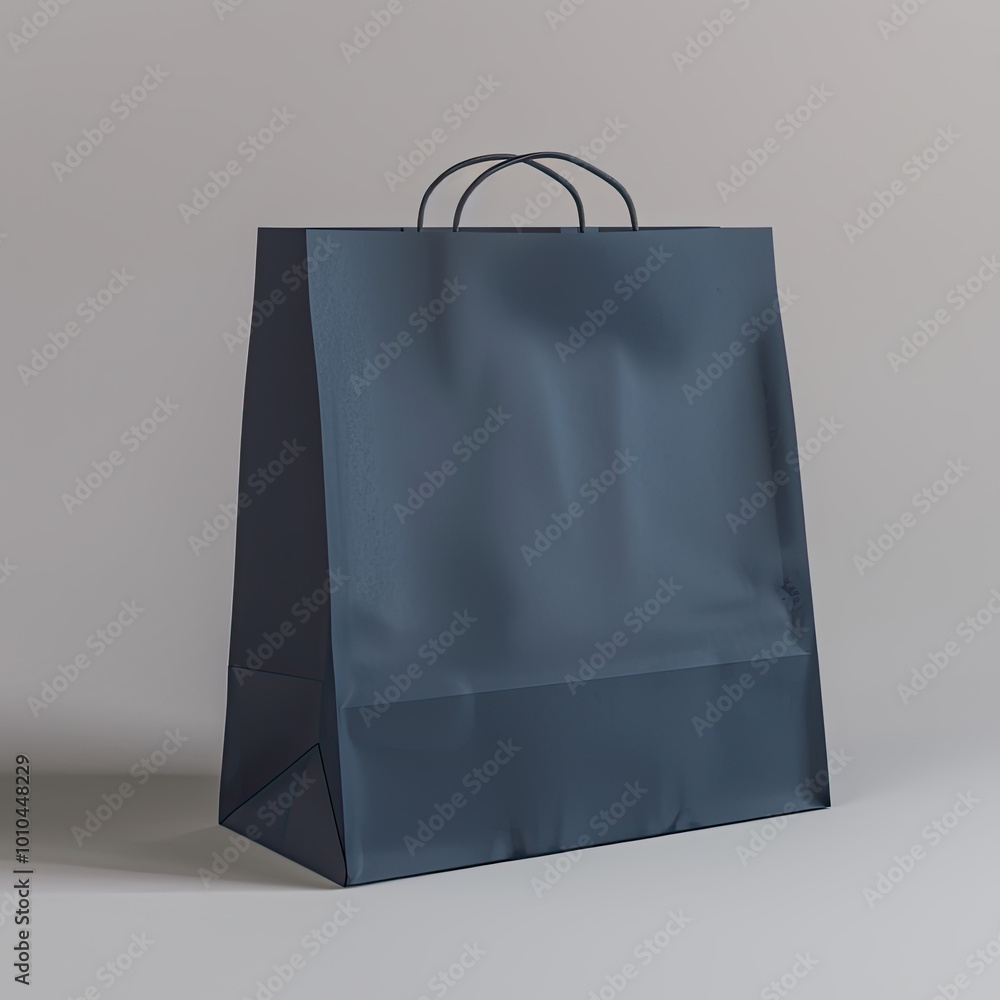 Smooth, deep navy bag with crisp lines, upright against a plain gray backdrop, faint shadows visible.