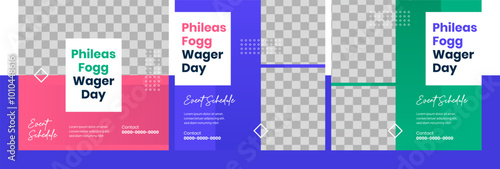 Phileas fogg wager post social media template. Feed holidays banner graphic vector. Perfect for business promotion