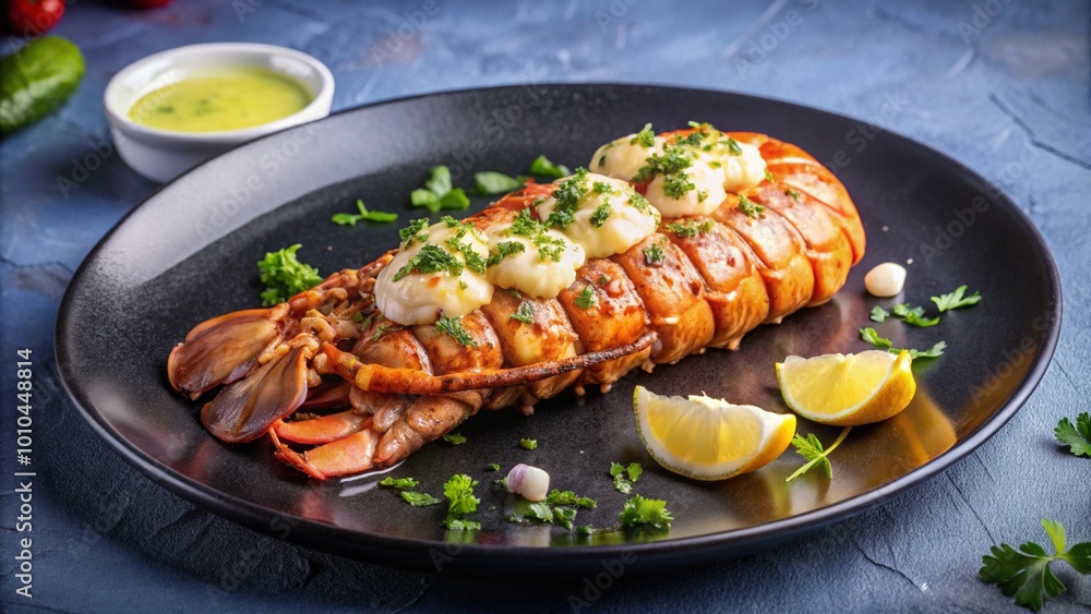 Grilled lobster tail with lemon wedges, parsley, and a side of green sauce on a black plate. Grilled lobster tail with lemon wedges, parsley, and a side of green sauce on a black plate.