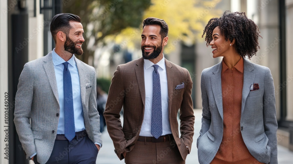 Three Business Professionals Walking and Talking in a City Street Three Business Professionals Walking and Talking in a City Street