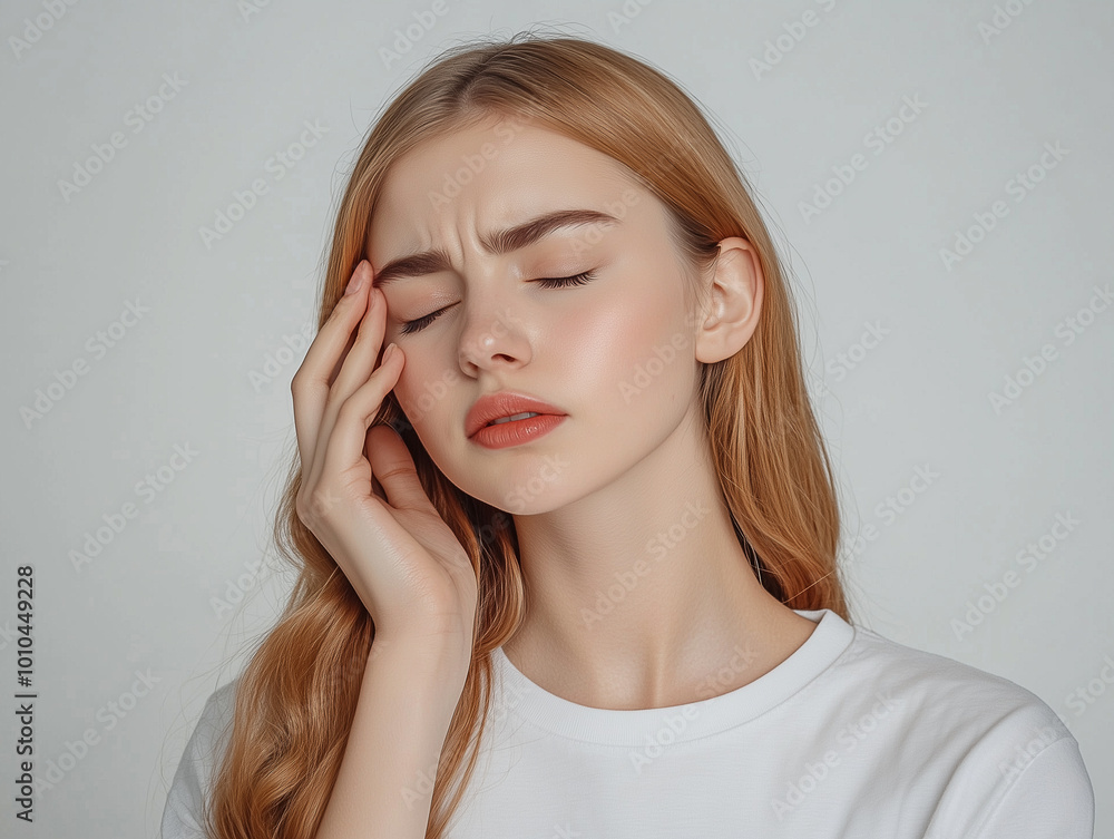 Junge Frau mit Migräne Kopfmschmerzen hält die Hand an den Kopf. Das Gesicht ist schmerzverzerrt. Migräne Kopfschmerzen Junge Frau mit Migräne Kopfmschmerzen hält die Hand an den Kopf. Das Gesicht ist schmerzverzerrt. Migräne Kopfschmerzen