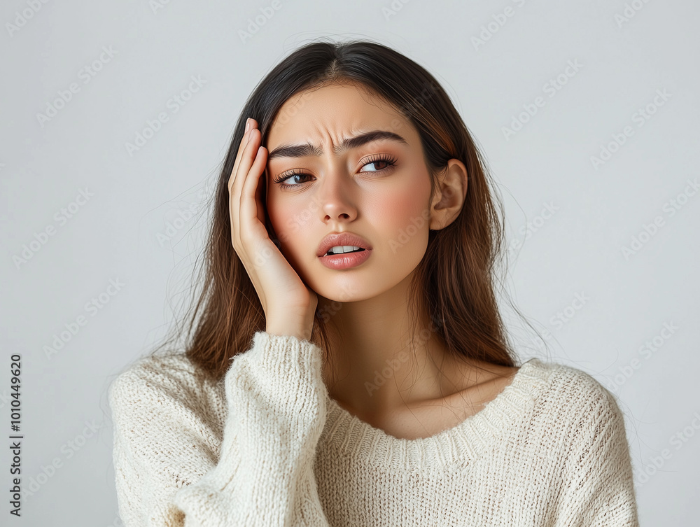 Junge Frau mit Migräne Kopfmschmerzen hält die Hand an den Kopf. Das Gesicht ist schmerzverzerrt. Migräne Kopfschmerzen Junge Frau mit Migräne Kopfmschmerzen hält die Hand an den Kopf. Das Gesicht ist schmerzverzerrt. Migräne Kopfschmerzen