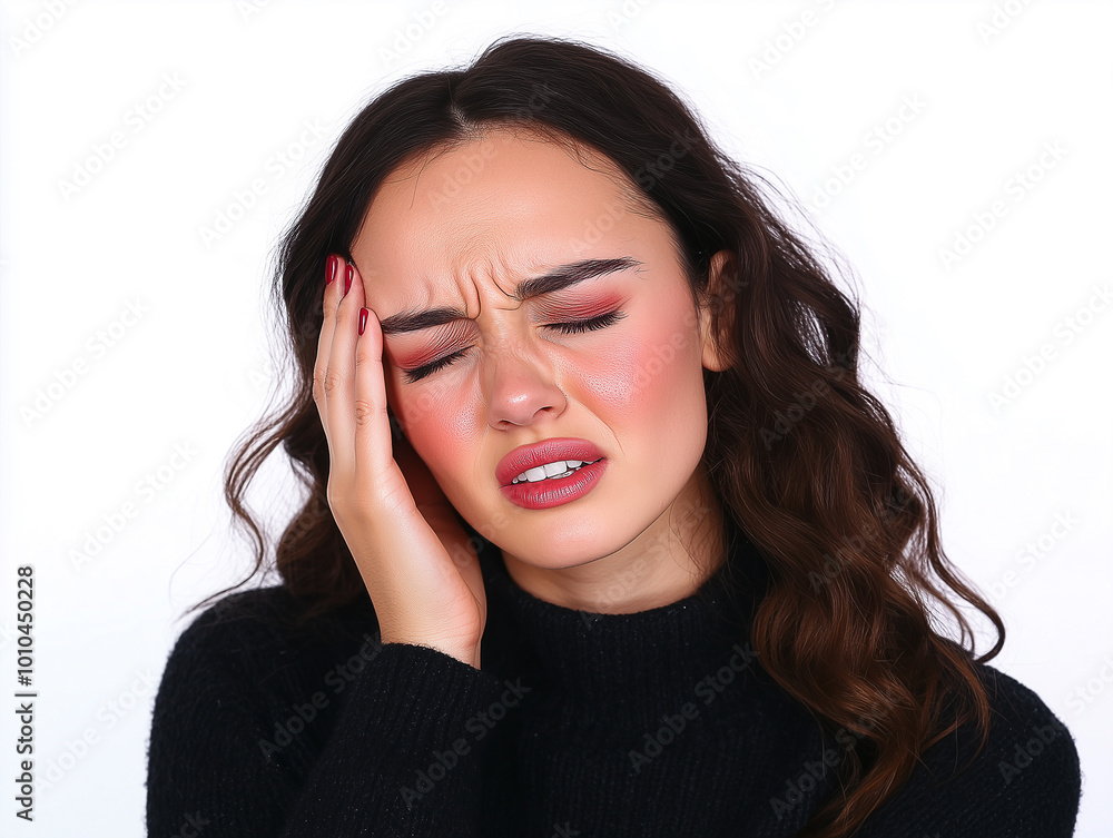 Junge Frau mit Migräne Kopfmschmerzen hält die Hand an den Kopf. Das Gesicht ist schmerzverzerrt. Migräne Kopfschmerzen Junge Frau mit Migräne Kopfmschmerzen hält die Hand an den Kopf. Das Gesicht ist schmerzverzerrt. Migräne Kopfschmerzen