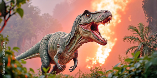 Tyrannosaurus rex in forest fire