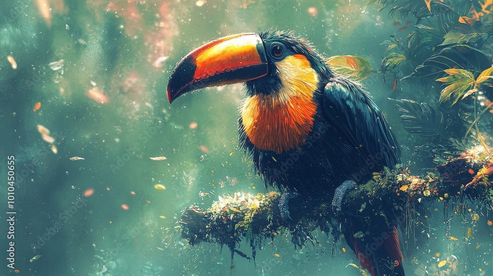 Obraz premium Vibrant Toucan Perched on Branch in Jungle Setting