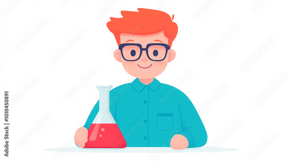 A boy wearing glasses is holding a beaker filled with a red liquid. He is smiling and he is enjoying himself A boy wearing glasses is holding a beaker filled with a red liquid. He is smiling and he is enjoying himself
