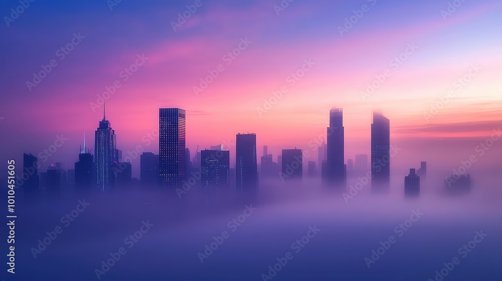A misty skyline at dawn, showcasing tall buildings under a colorful sky.