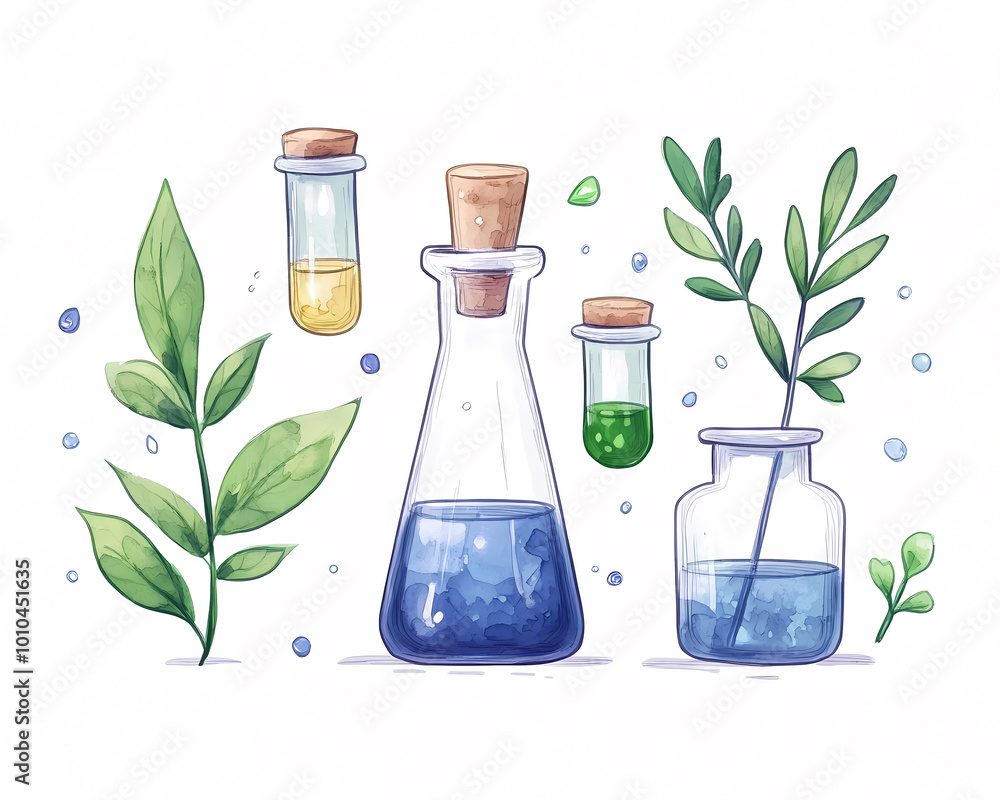 A set of glass vials with blue liquid in them, one of which has a green leaf in it A set of glass vials with blue liquid in them, one of which has a green leaf in it