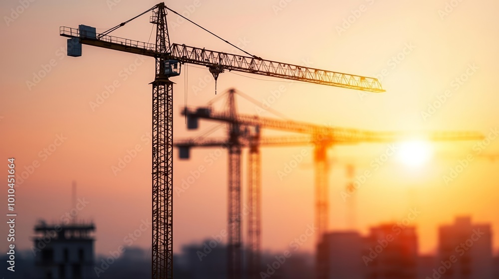 Construction cranes and building frameworks bathed in the warm sunset light, showcasing the beauty of industrial construction Construction cranes and building frameworks bathed in the warm sunset light, showcasing the beauty of industrial construction