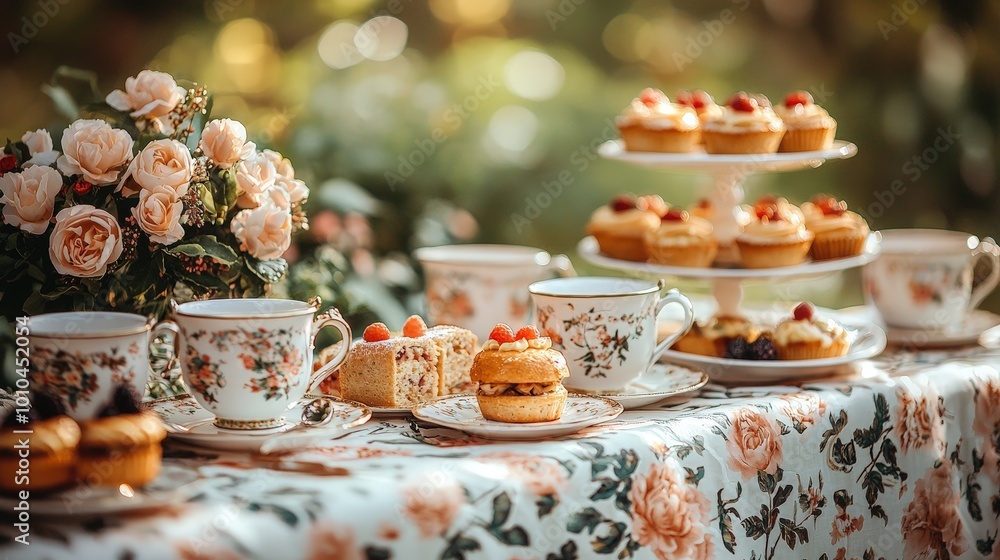 Elegant tea party setup with floral decor, pastries, and fine china cups. Elegant tea party setup with floral decor, pastries, and fine china cups.