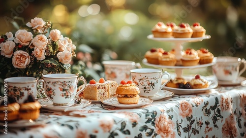 Elegant tea party setup with floral decor, pastries, and fine china cups.