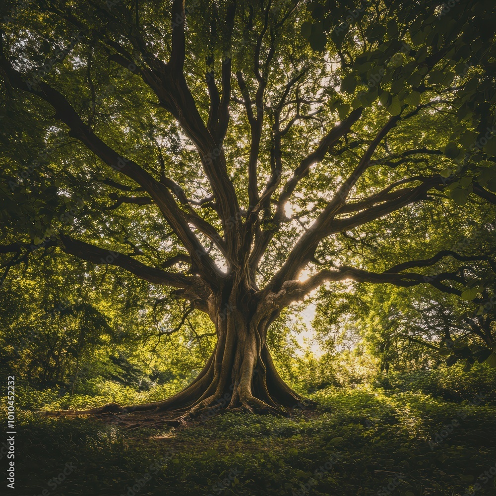 Majestic Tree with Lush Green Foliage in Sunlight Majestic Tree with Lush Green Foliage in Sunlight